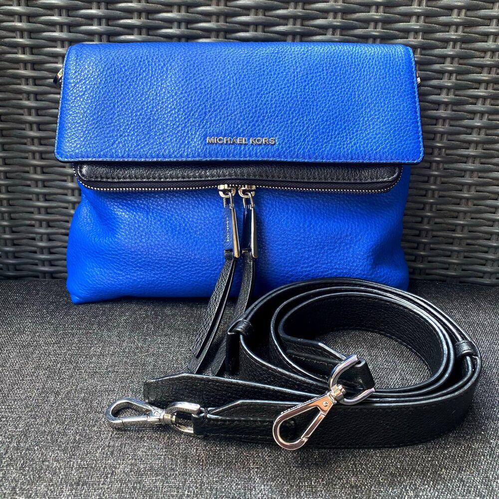 MK Ezra Medium Messenger Crossbody Bag in Electric Blue + Black